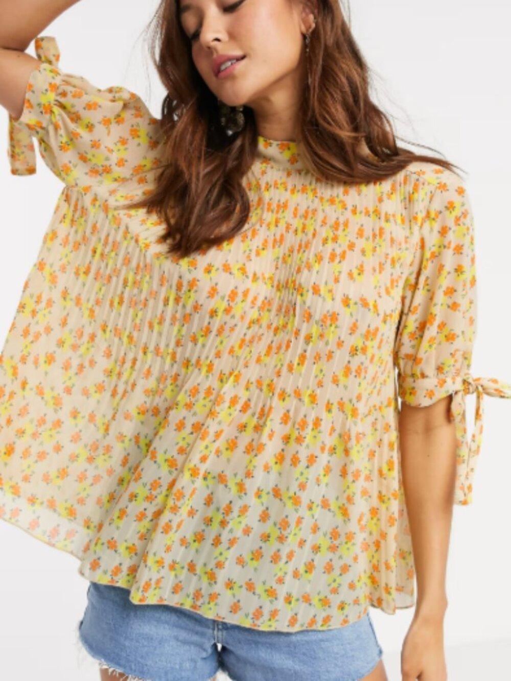 ASOS DESIGN pleated trapeze top with tie sleeves in floral
